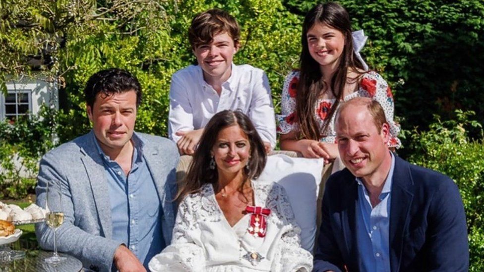 Dame Deborah James with (l-r)Sebastien, Hugo, Eloise Bowen and HRH Prince William