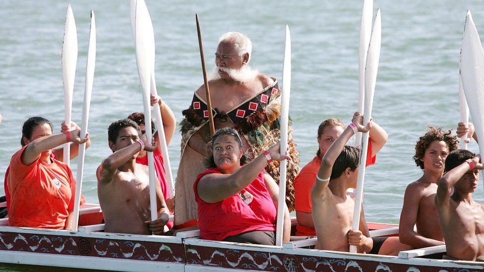 Maori canoe paddlers on Waitangi Day