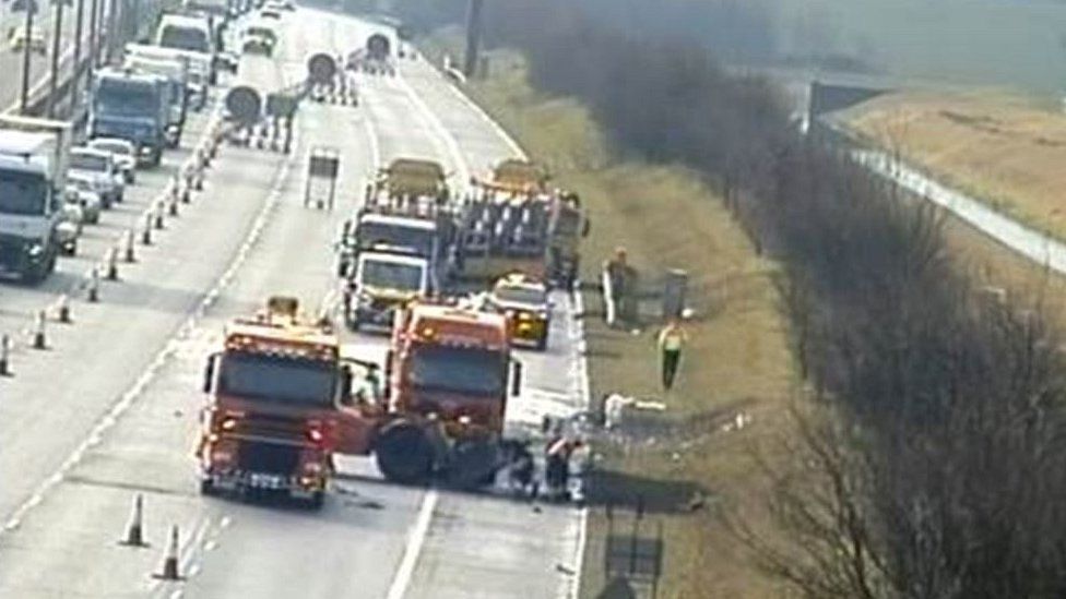 Washing machine lorry catches fire on A1 BBC News