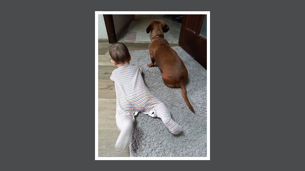 Ievegen's baby and dog lie on the floor at their home in Dnipro