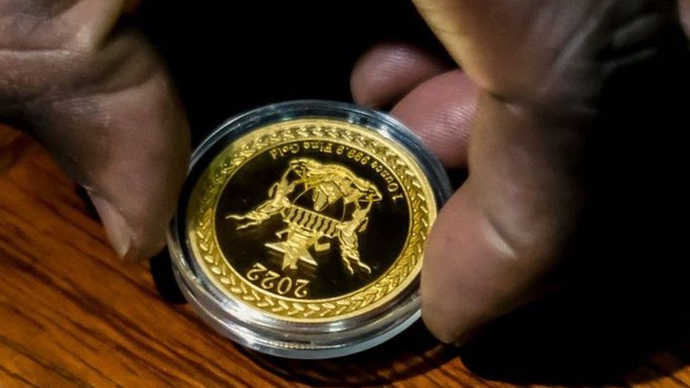 Zimbabwe Reserve Bank governor displays the country's higher value "Mosi-oa-Tunya" gold coin in Harare on 25 July.