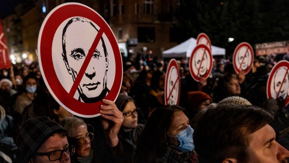 A protester holds an anti-Putin placard