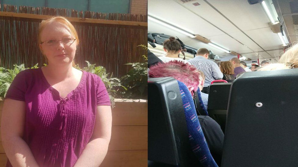 Karen Bregan and a photo of a crowded train