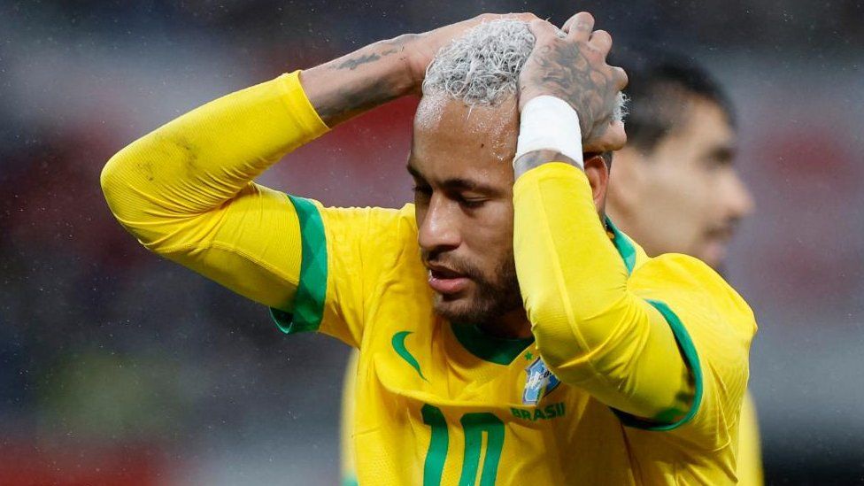 Brazil's Neymar reacts after missing a chance to score for Brazil against Japan in June 2022