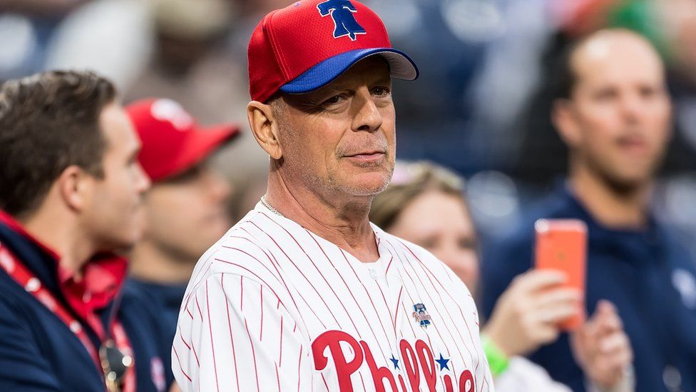 Actor Bruce Willis throws ceremonial pitch at the Milwaukee Brewers v Philadelphia Phillies game at Citizens Bank Park on May 15, 2019 in Philadelphia, Pennsylvania.