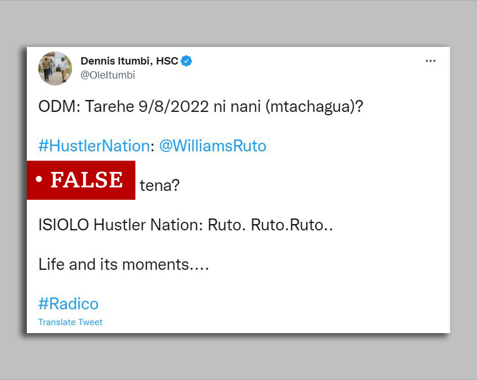 A screengrab of a Tweet by a pro-Ruto blogger falsely claiming the crowd at Mr Odinga's rally chanted Ruto's name
