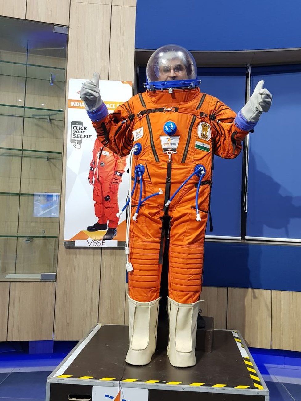 A prototype Indian-made space suit is displayed on 14 August 2018 at the Space Applications Center in Ahmedabad.