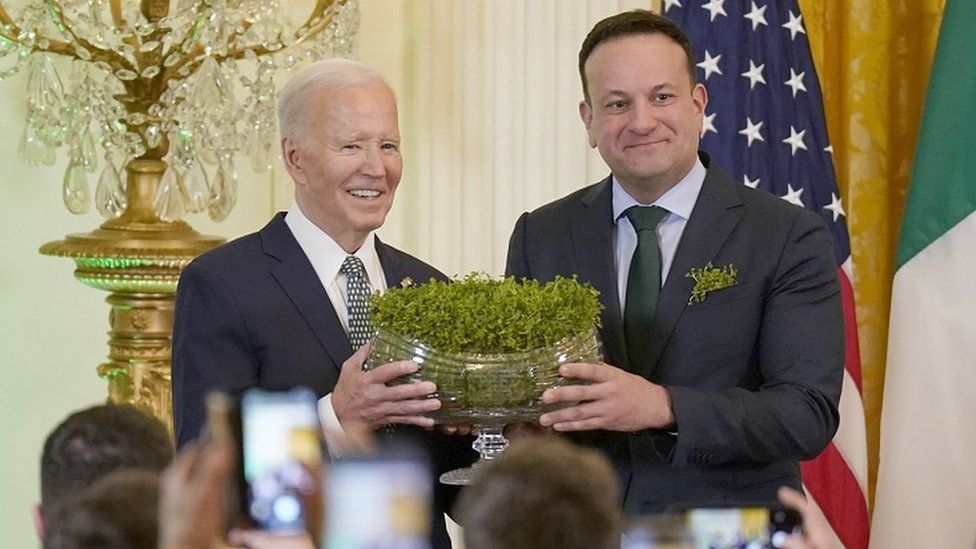 US President Joe Biden accepted a bowl of shamrock from Leo Varadkar on Sunday