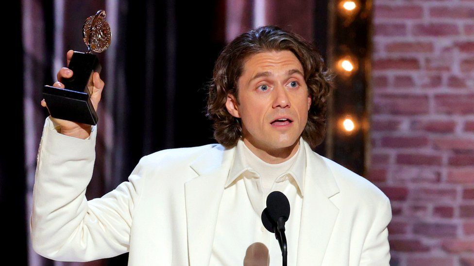 Aaron Tveit accepts the award for best actor in a leading role in a musical for Moulin Rouge! The Musical