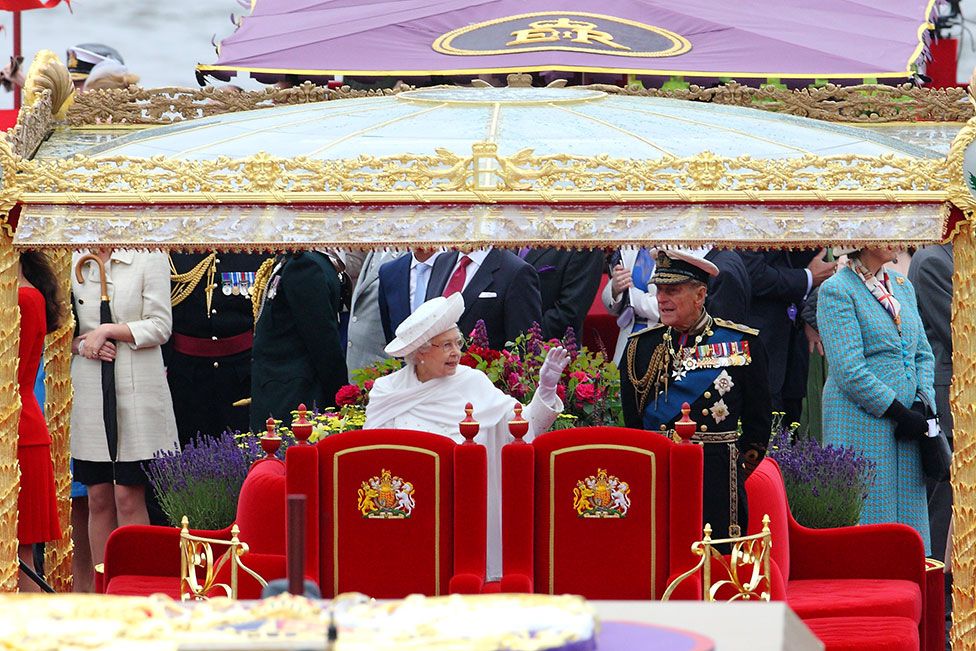 Queen Elizabeth II and Prince Philip aboard the Royal Barge Spirit of Chartwell in June 2012