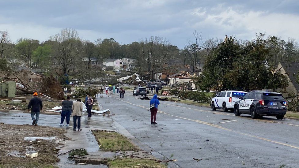 Debris strewn across a road in Little Rock, Arkansas