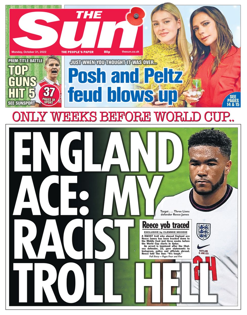 An image of England defender Reece James is on the front of the Sun.