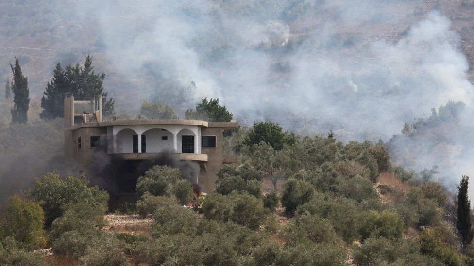 Smoke rises after Israel shelled the village of Dhayra, near the border with Israel, in southern Lebanon
