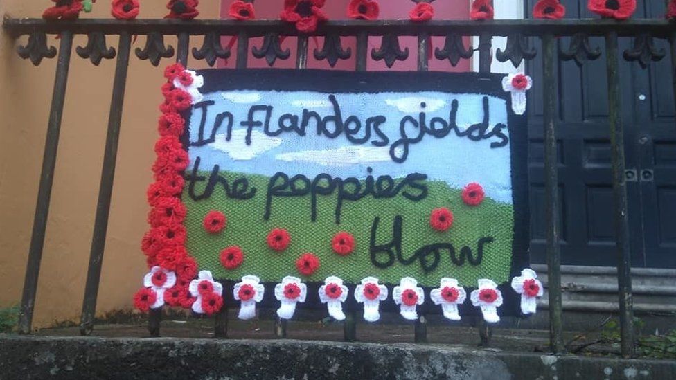 Elizabeth Fitzpatrick, of knitted decorations for Armistice Day in Haverfordwest, Pembrokeshire