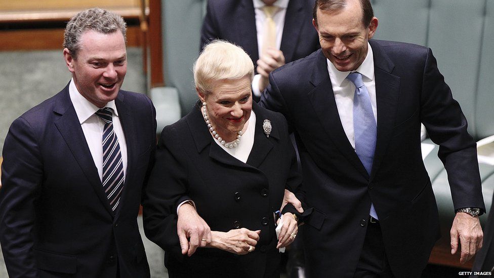 Australia's parliamentary speaker Bronwyn Bishop (centre) pictured with Prime Minister Tony Abbott (right) and Leader of the House Christopher Pyne (left)