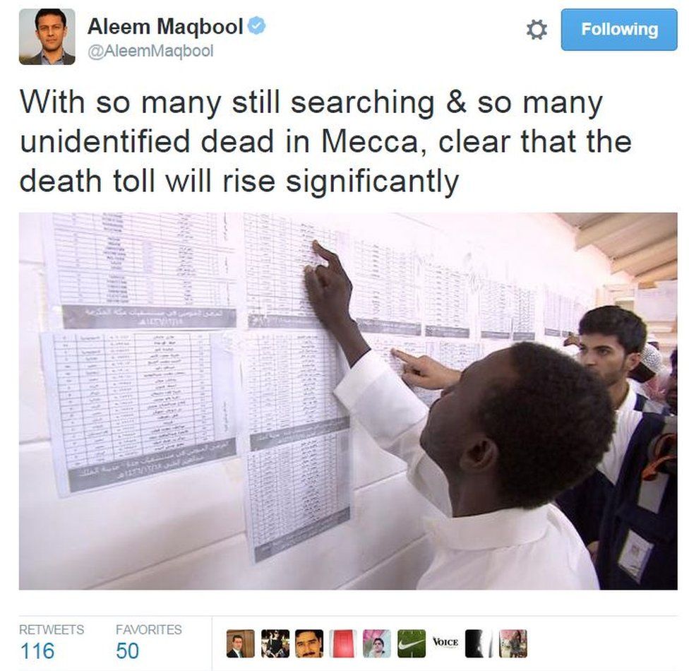 Aleem Maqbool tweets: With so many still searching & so many unidentified dead in Mecca, clear that the death toll will rise significantly
