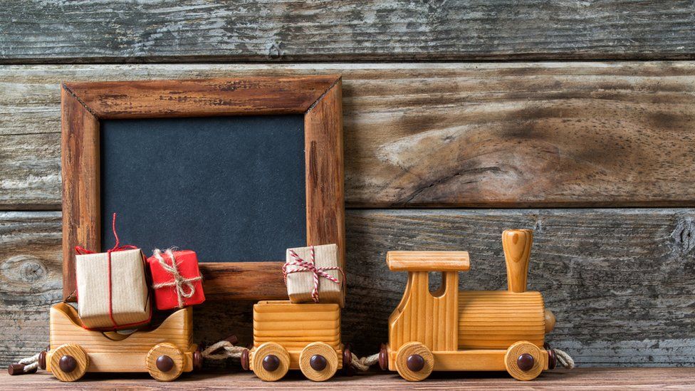 A wooden toy train
