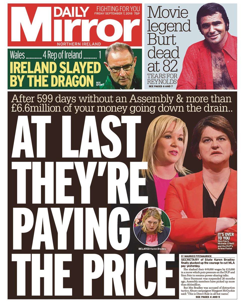 front page of the Daily Mirror, Friday 7 September 2018