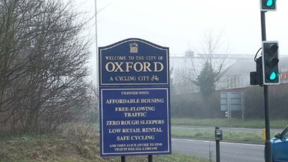 The Oxford welcome sign with the additions of affordable housing and free-flowing traffic