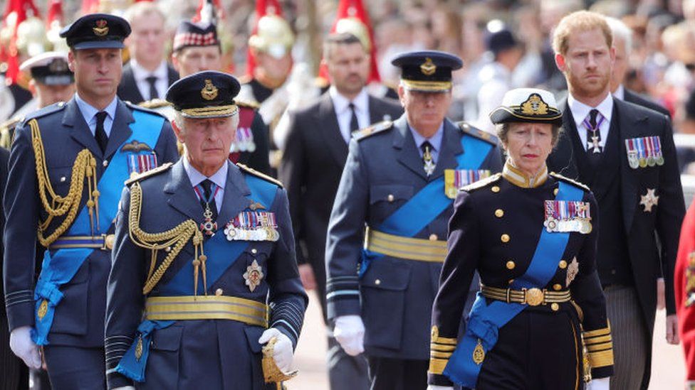 The Prince of Wales, King Charles, the Princess Royal and the Duke of Sussex and the Duke of Sussex walk behind the Queen's coffin during the procession between Buckingham Palace and Westminster Hall on Wednesday 14 September