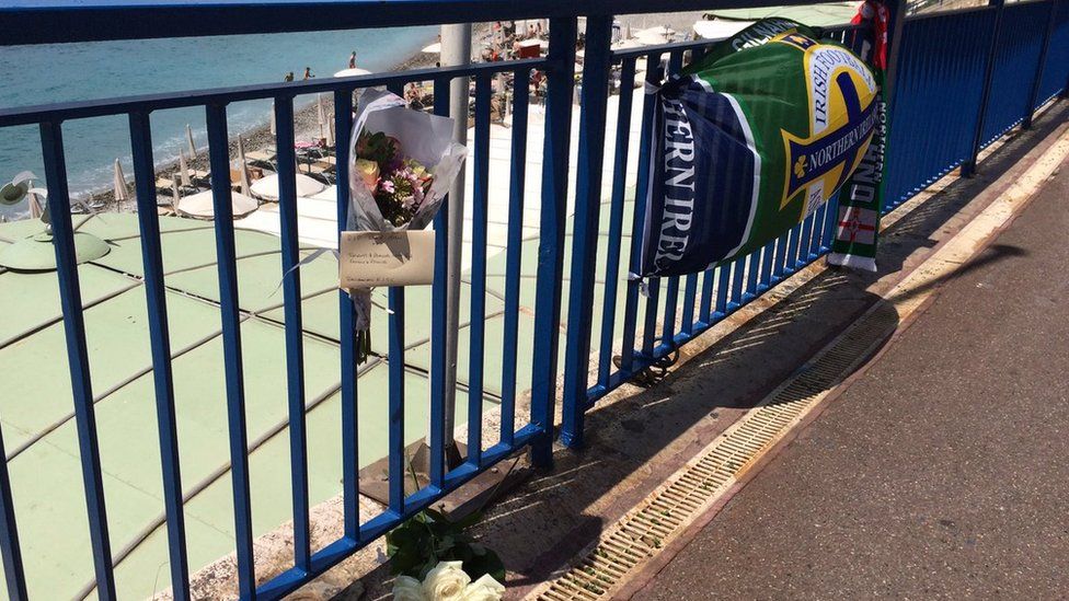 Tributes have been left at the spot where Darren Rodgers fell in Nice
