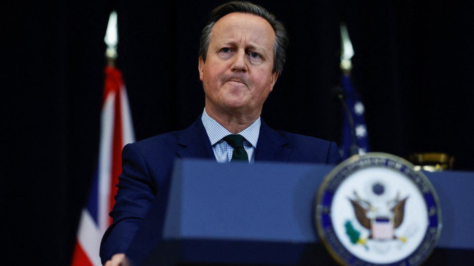 British Foreign Secretary Lord Cameron looks on during a joint press conference with US Secretary of State Antony Blinken at the State Department in Washington