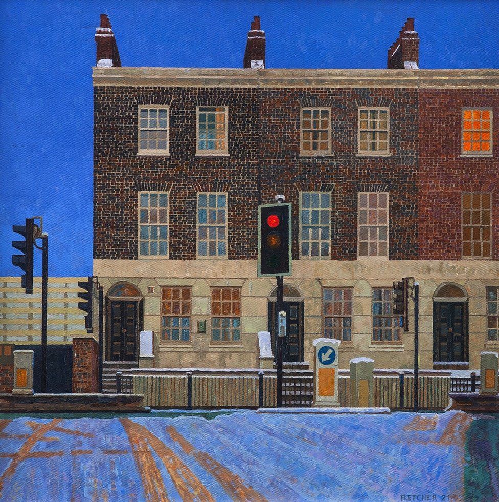 A painting of a snow-covered road and building in Limehouse in East London Doreen Fletcher