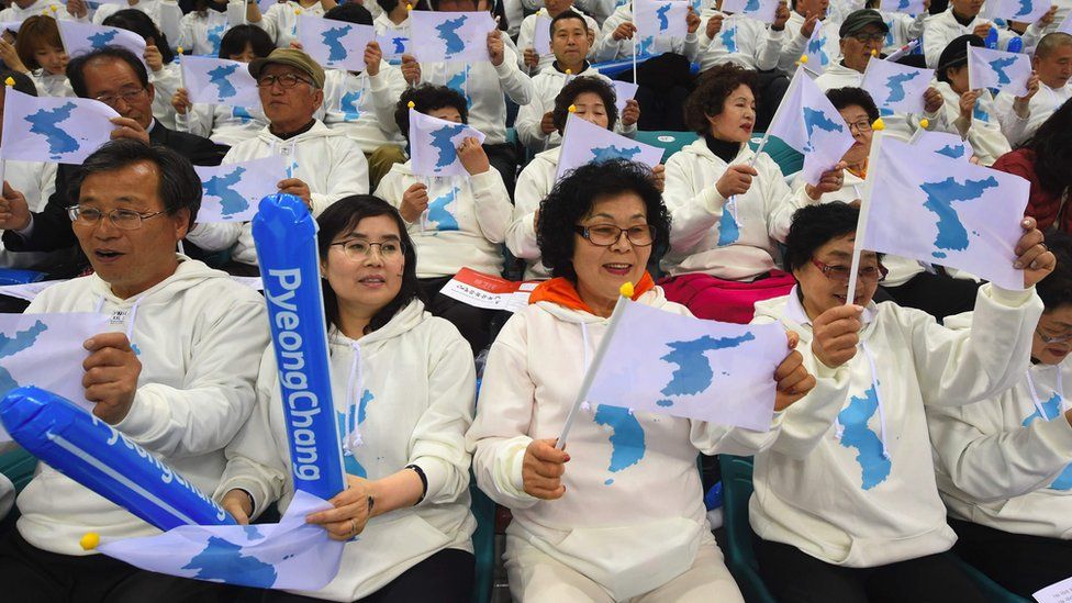 South Korean fans waving unification flags
