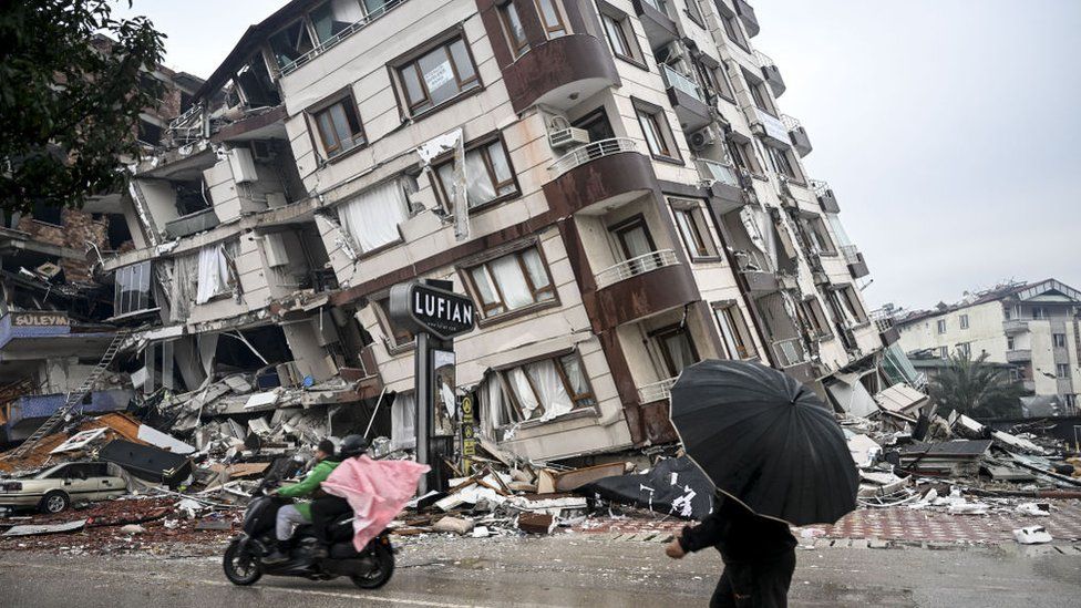 A view of a damaged building in Hatay, Turkiye after 7.7 and 7.6 magnitude earthquakes hits Turkiye's Hatay