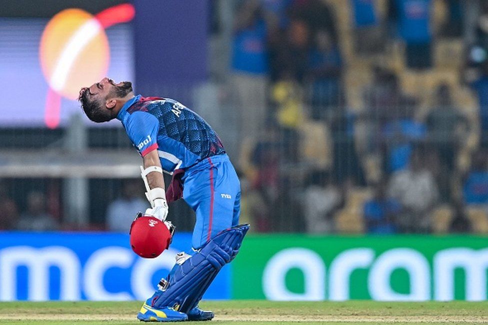 Afghanistan's captain Hashmatullah Shahidi celebrates after winning the 2023 ICC Men's Cricket World Cup one-day international (ODI) match between Pakistan and Afghanistan at the MA Chidambaram Stadium in Chennai on October 23, 2023.