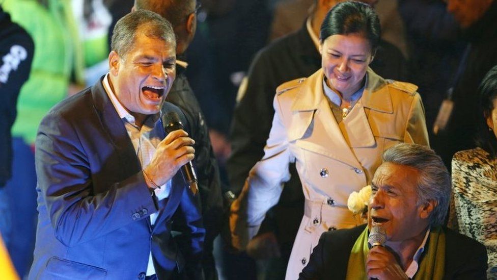 Ecuadorean presidential candidate Lenin Moreno (R) celebrates alongside Ecuadorean President Rafael Correa during a national election day at a hotel in Quito, Ecuador April 2, 2017