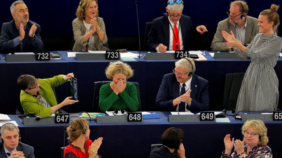 Rapporteur Judith Sargentini is congratulated after members of the European Parliament took part in a vote on the situation in Hungary