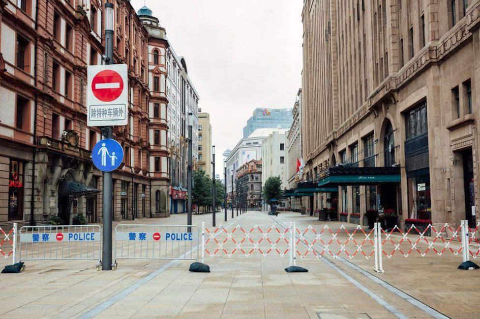 The East Nanjing Road is blocked on May 29, 2022 in Shanghai, China. Shanghai launched a three-phase plan to restore production and life to normal.