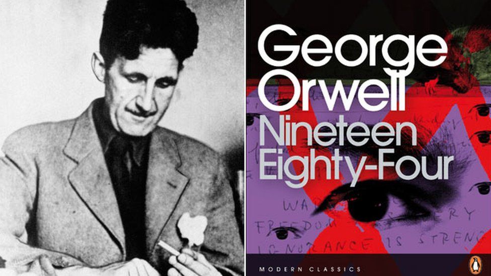 Immagine di George Orwell e copertina di Nineteen Eighty-Four