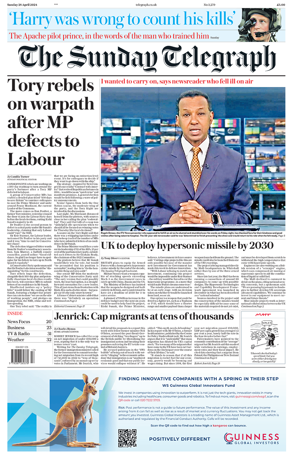 The headline in the Telegraph reads: "Tory rebels on warpath after MP defects to Labour".