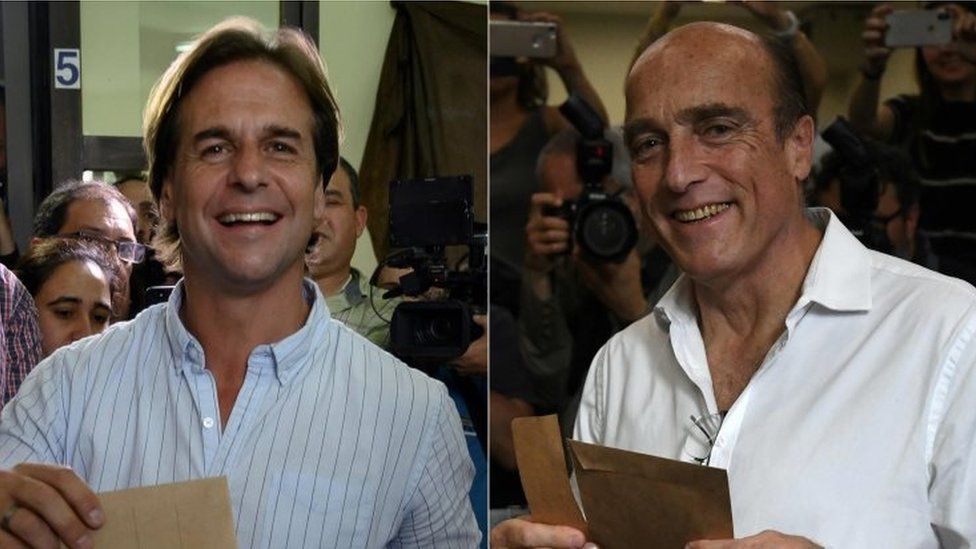 Luis Lacalle(left) at a polling station and Daniel Martinez, also at a polling station on election day