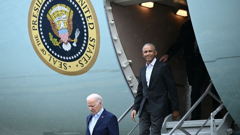 President Joe Biden and Barack Obama arrive on Air Force One to New York
