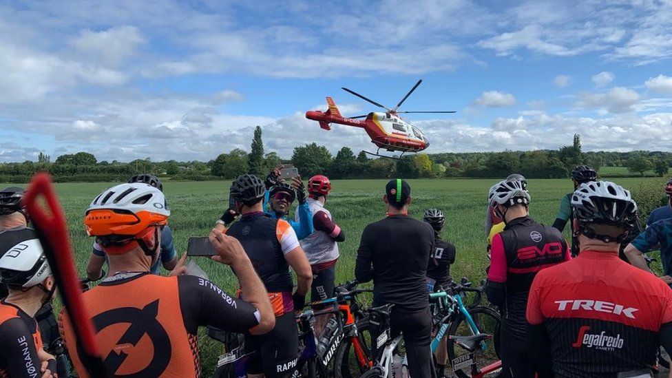 An air ambulance landing at RideLondon cycling event at Stebbing Green