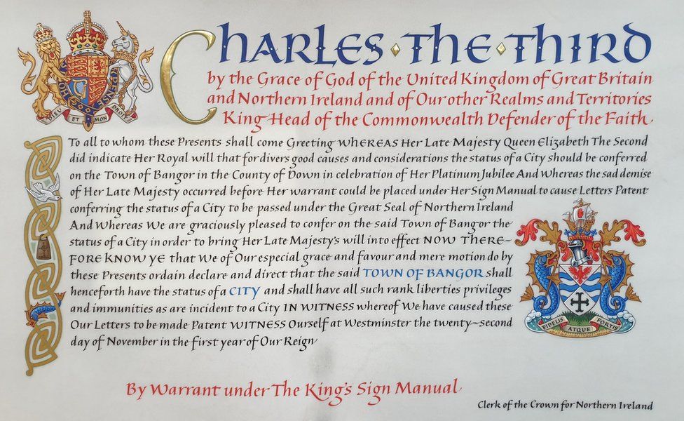 The royal Warrant Bangor city status