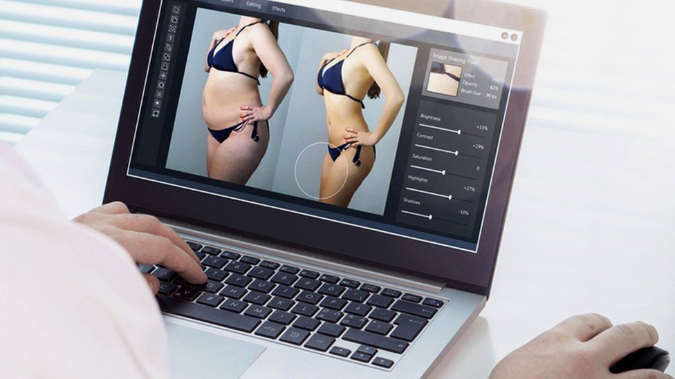 photo editing software open on laptop shows chubby original photo on left and touched-up, more tanned, skinny photo on right
