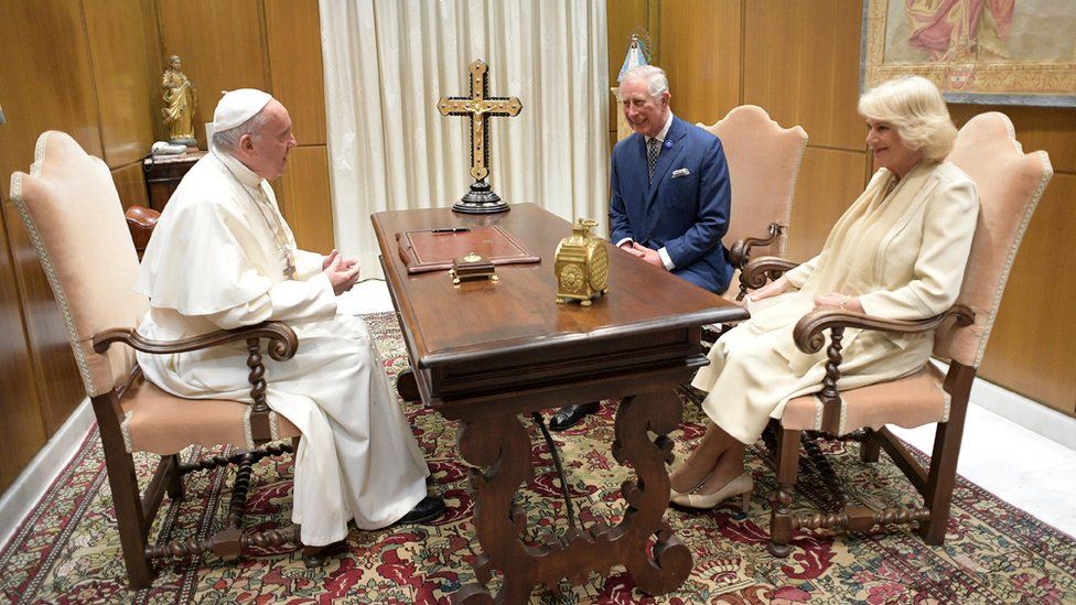 Pope Francis meets Britain's Prince Charles and his wife Camilla, Duchess of Cornwall, during a private audience at the Vatican, 4 April 2017.