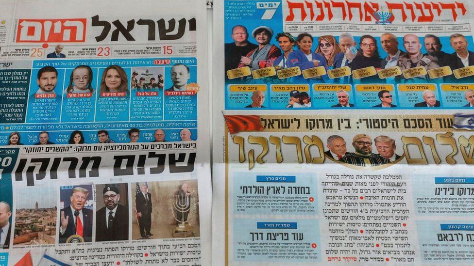 Le prime pagine dei giornali israeliani riportano la notizia dell'instaurazione di relazioni diplomatiche tra Israele e il Marocco, dicembre 2020