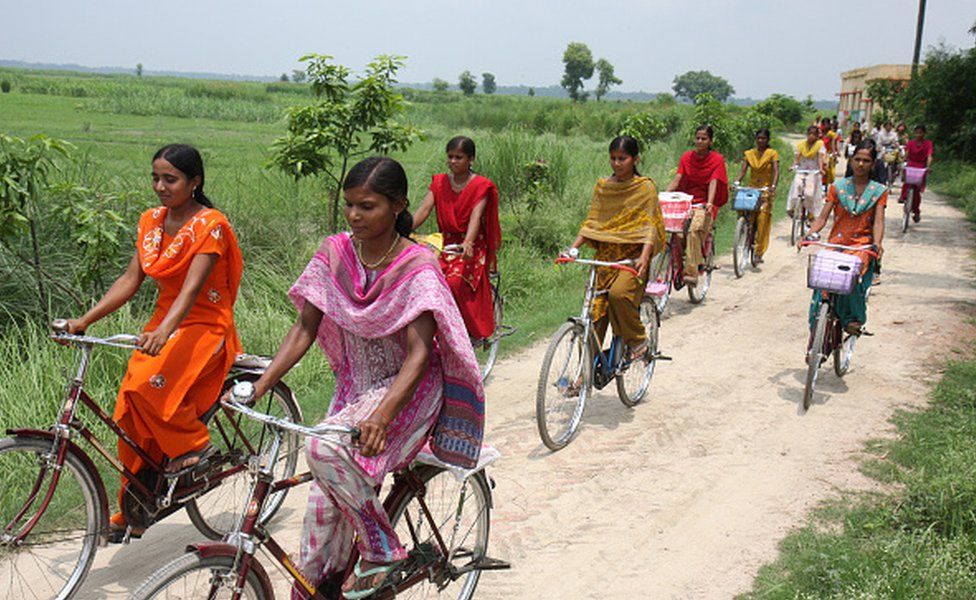 Girls on way to High School Desari fom Garahi village in Vaishali district in Bihar on the bicycles provided under the cycle scheme of the state government. .