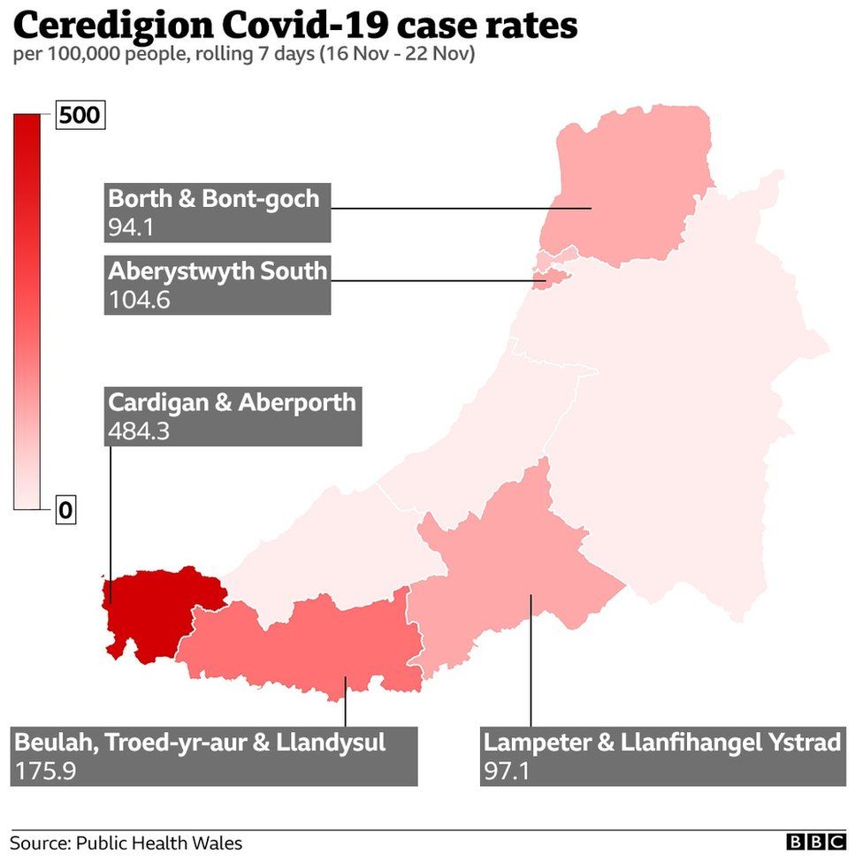 A map showing the highest rates of infection in Ceredigion