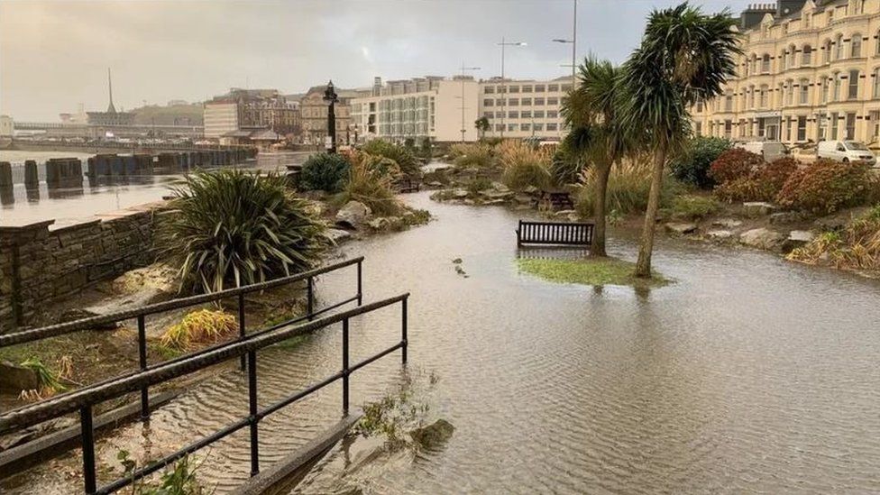 The Sunken Gardens on Douglas Promenade flooded