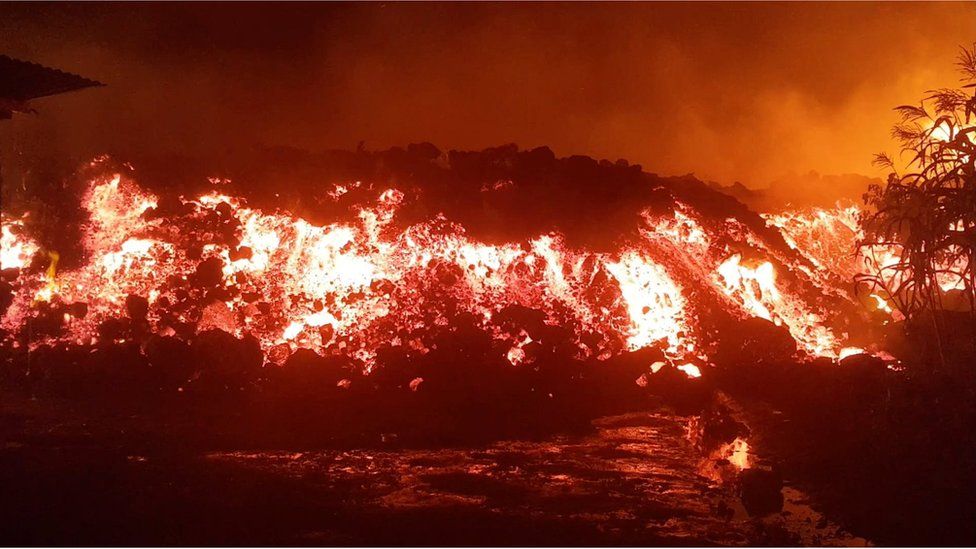 Flowing lava from the volcanic eruption of Mount Nyiragongo, which occurred late on May 22, 2021, is seen in Goma, DRC