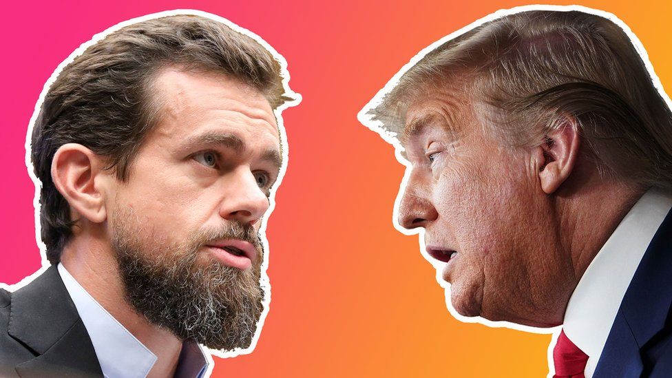 Jack Dorsey of Twitter and Donald Trump appear to face off in this composite photo illustration