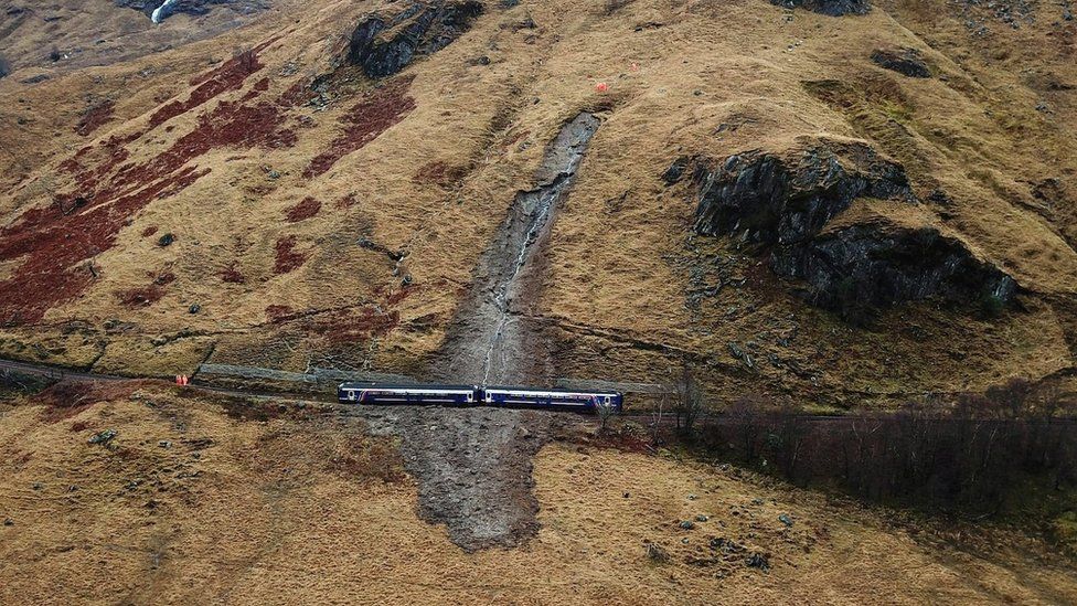 Image taken by a drone of train stuck in landslip