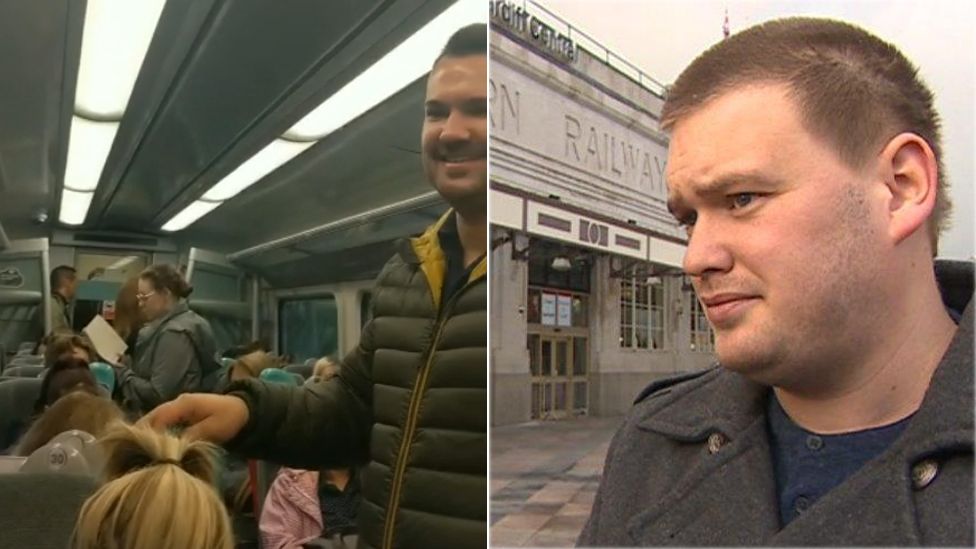 Commuter Matthew Marshman - and standing room only on his train into Cardiff