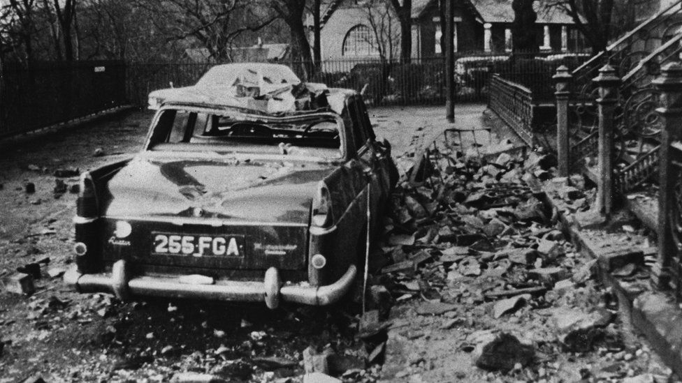 15th January 1968: A car damaged by falling debris in Glasgow after gales of 103 miles per hour swept Scotland, killing over 20 people.